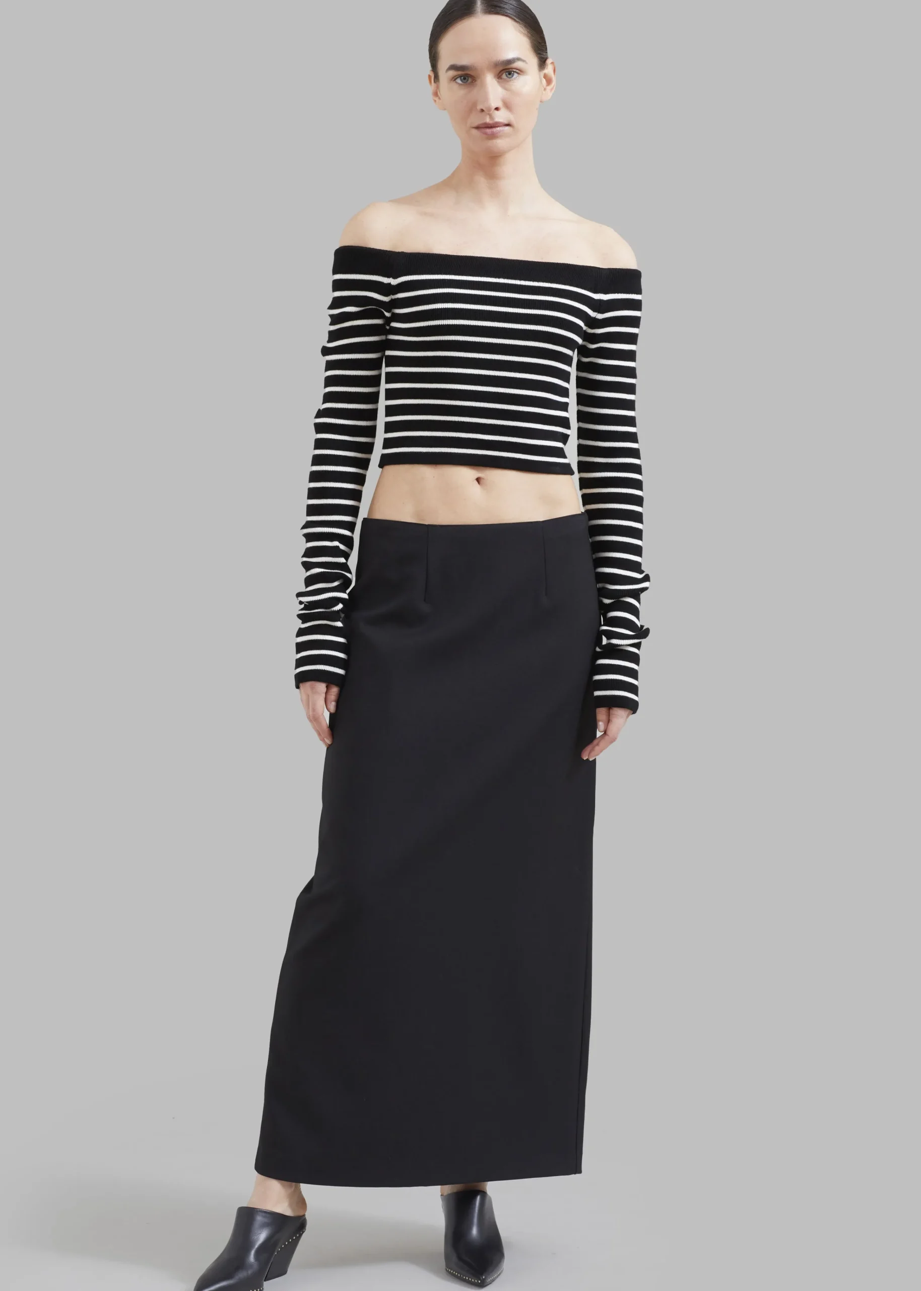 The Frankie Shop Coco Black Off Shoulder Sweater White Stripe Best
