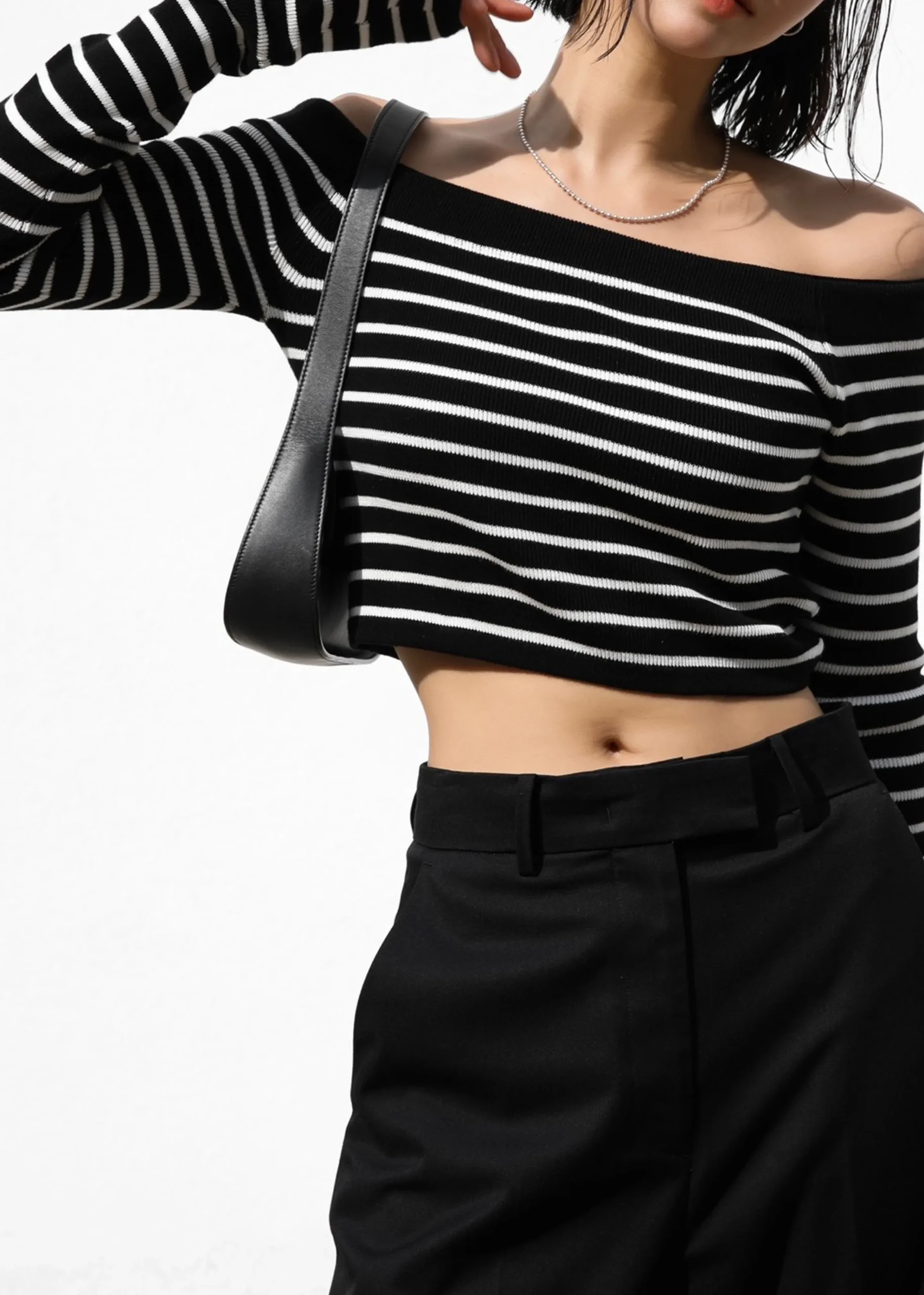 The Frankie Shop Coco Black Off Shoulder Sweater White Stripe Best