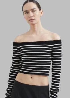 The Frankie Shop Coco Black Off Shoulder Sweater White Stripe Best