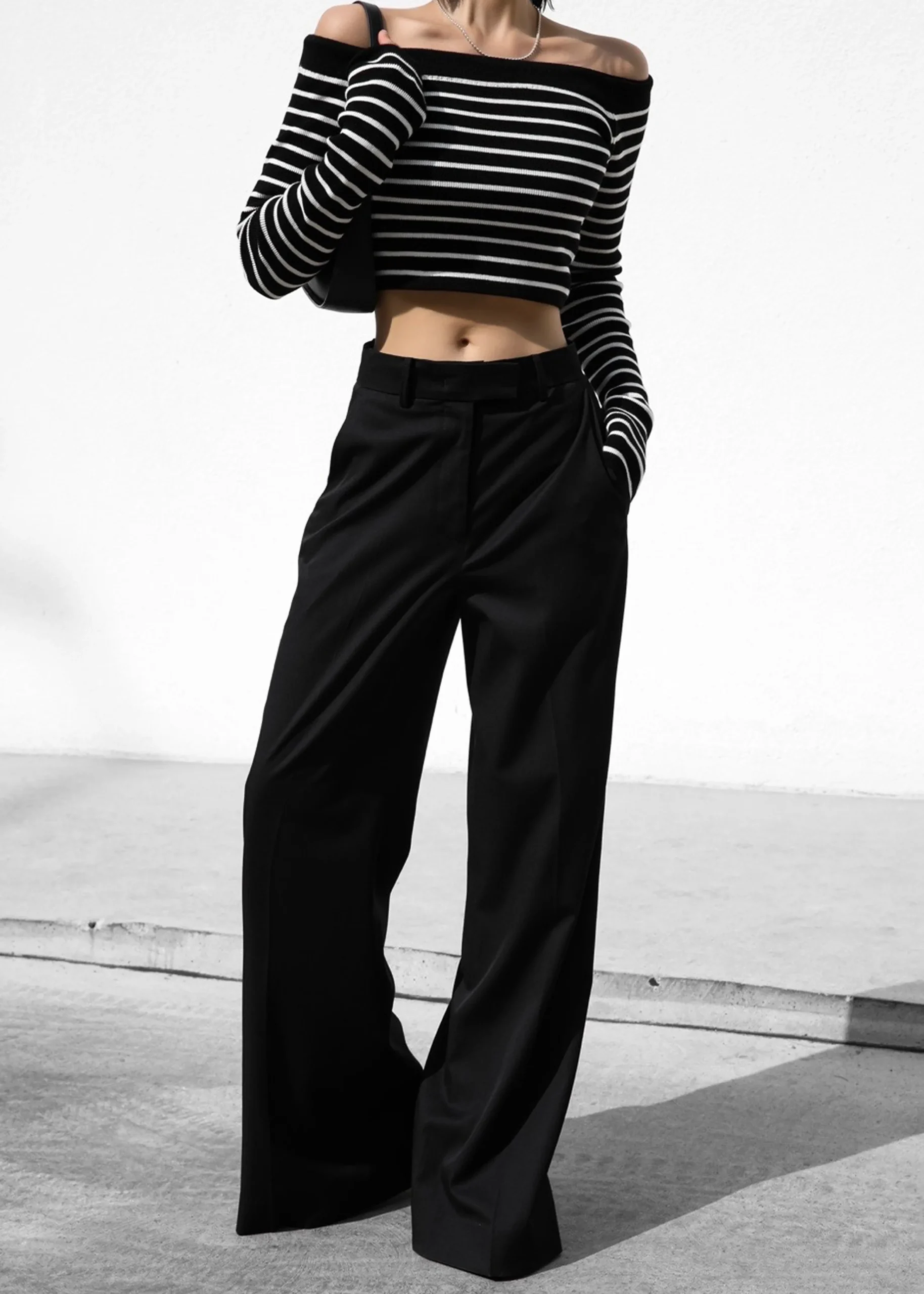 The Frankie Shop Coco Black Off Shoulder Sweater White Stripe Best