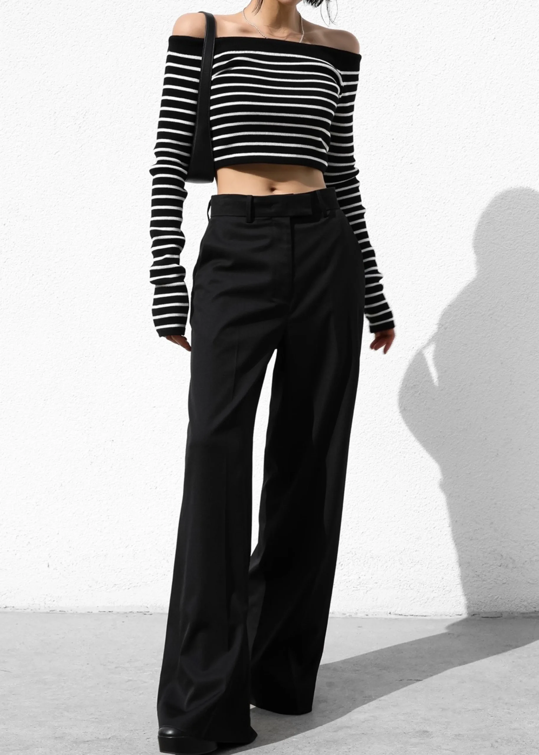The Frankie Shop Coco Black Off Shoulder Sweater White Stripe Best