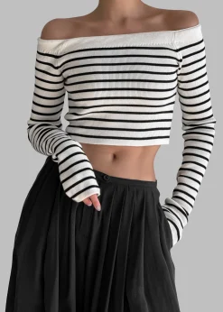 The Frankie Shop Coco White Off Shoulder Sweater Black Stripe Outlet