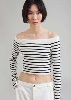 The Frankie Shop Coco White Off Shoulder Sweater Black Stripe Outlet