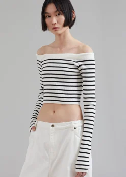 The Frankie Shop Coco White Off Shoulder Sweater Black Stripe Outlet
