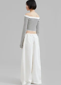 The Frankie Shop Coco White Off Shoulder Sweater Black Stripe Outlet