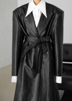 The Frankie Shop Connie Faux Leather Belted Trench Coat Black
