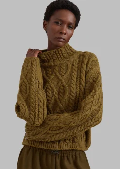 The Frankie Shop Devi Cable-Knit Mock Neck Sweater Khaki Brown Online