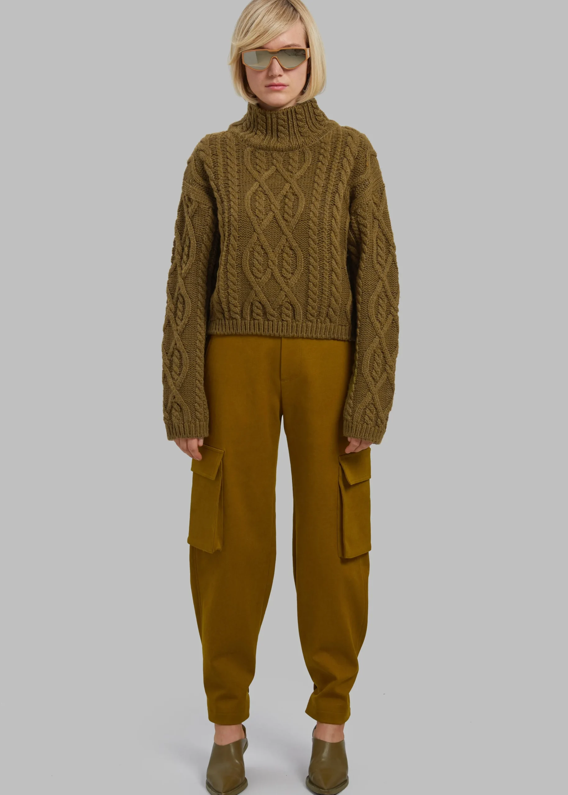 The Frankie Shop Devi Cable-Knit Mock Neck Sweater Khaki Brown Online