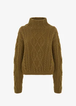 The Frankie Shop Devi Cable-Knit Mock Neck Sweater Khaki Brown Online