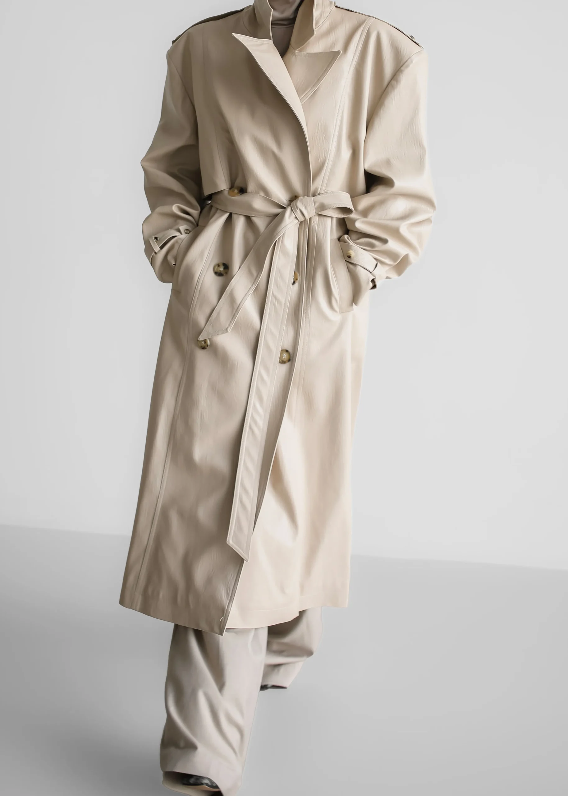 The Frankie Shop Diana Faux Leather Trench Coat Beige Hot