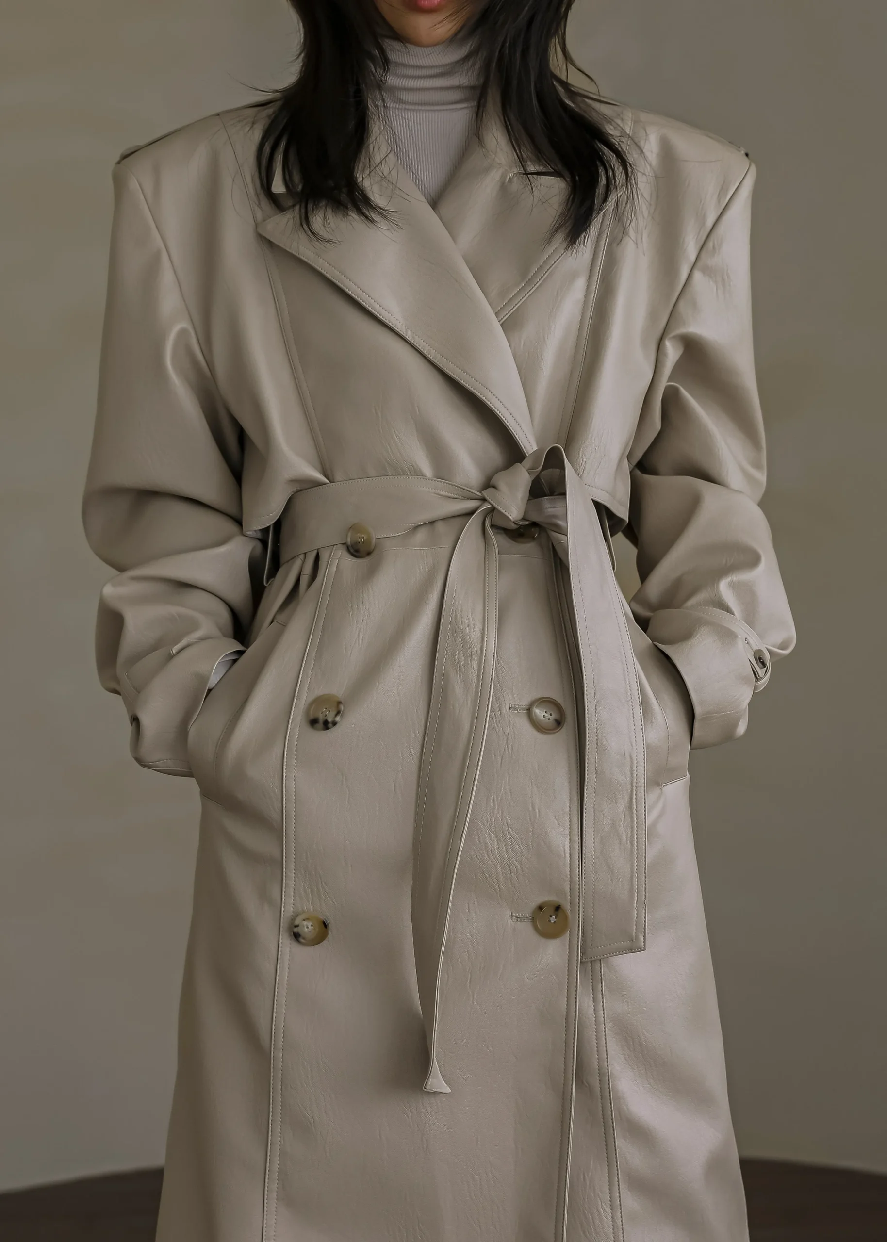 The Frankie Shop Diana Faux Leather Trench Coat Beige Hot