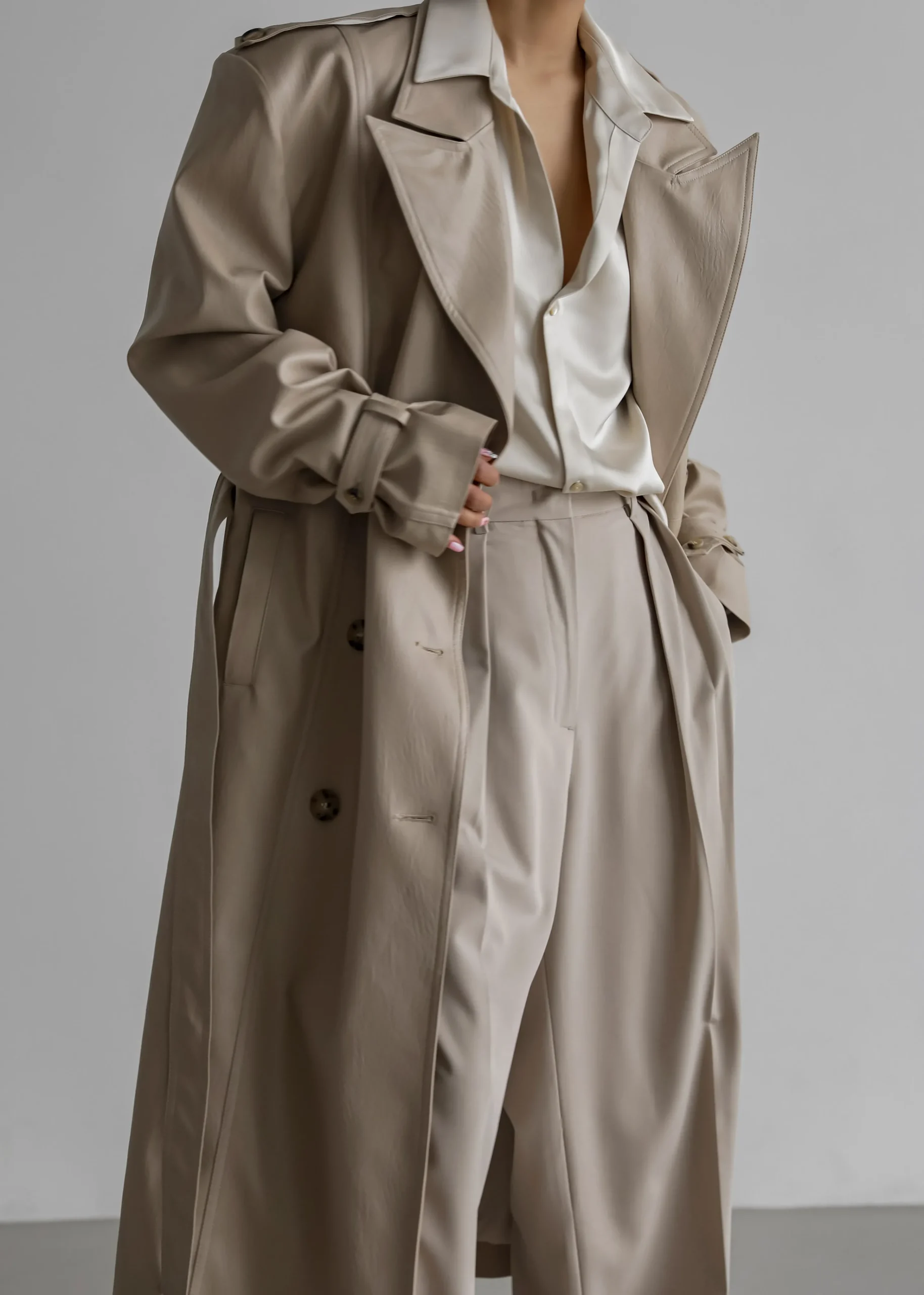 The Frankie Shop Diana Faux Leather Trench Coat Beige Hot