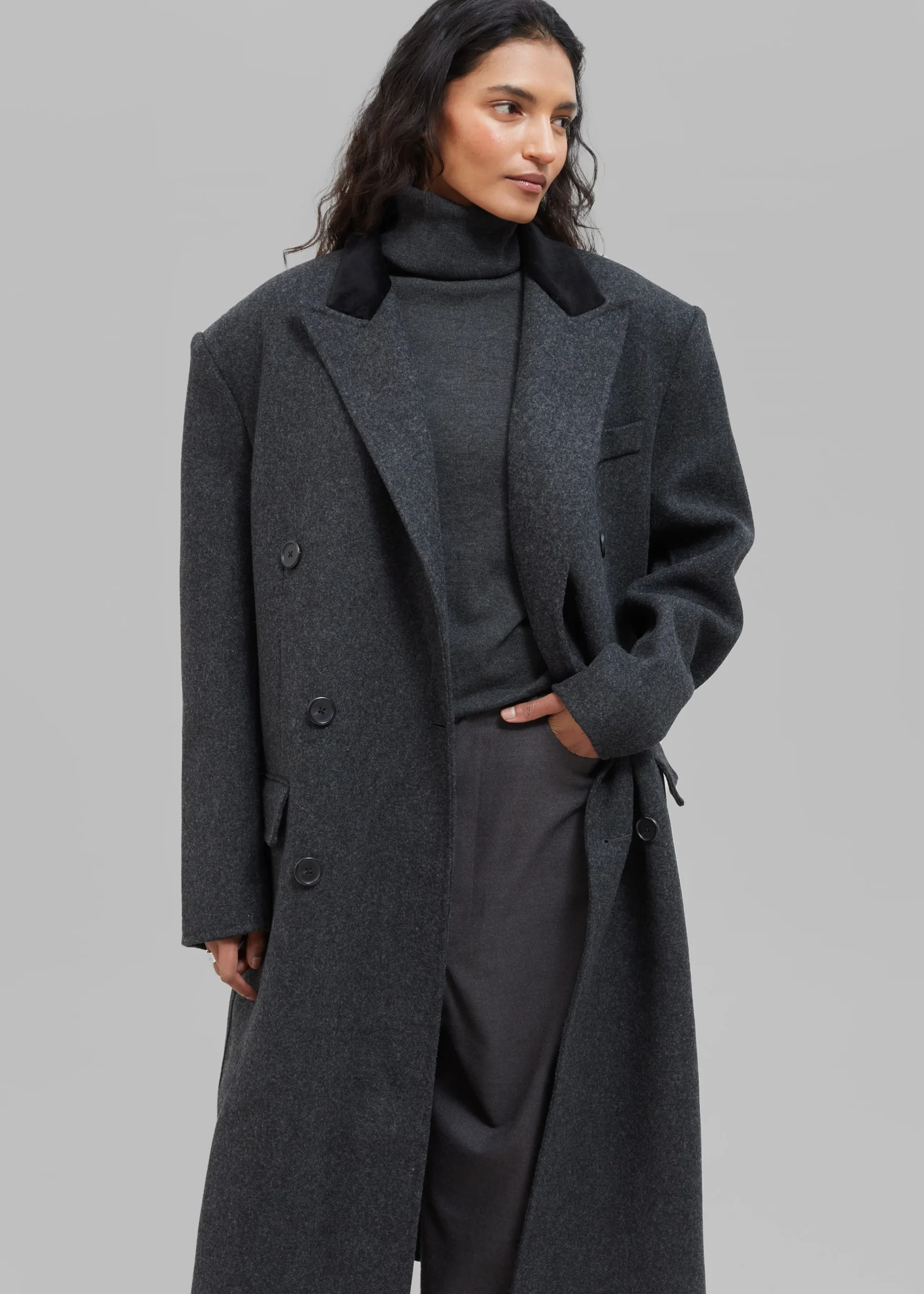 The Frankie Shop Dolly Contrast Collar Coat Dark Grey Melange