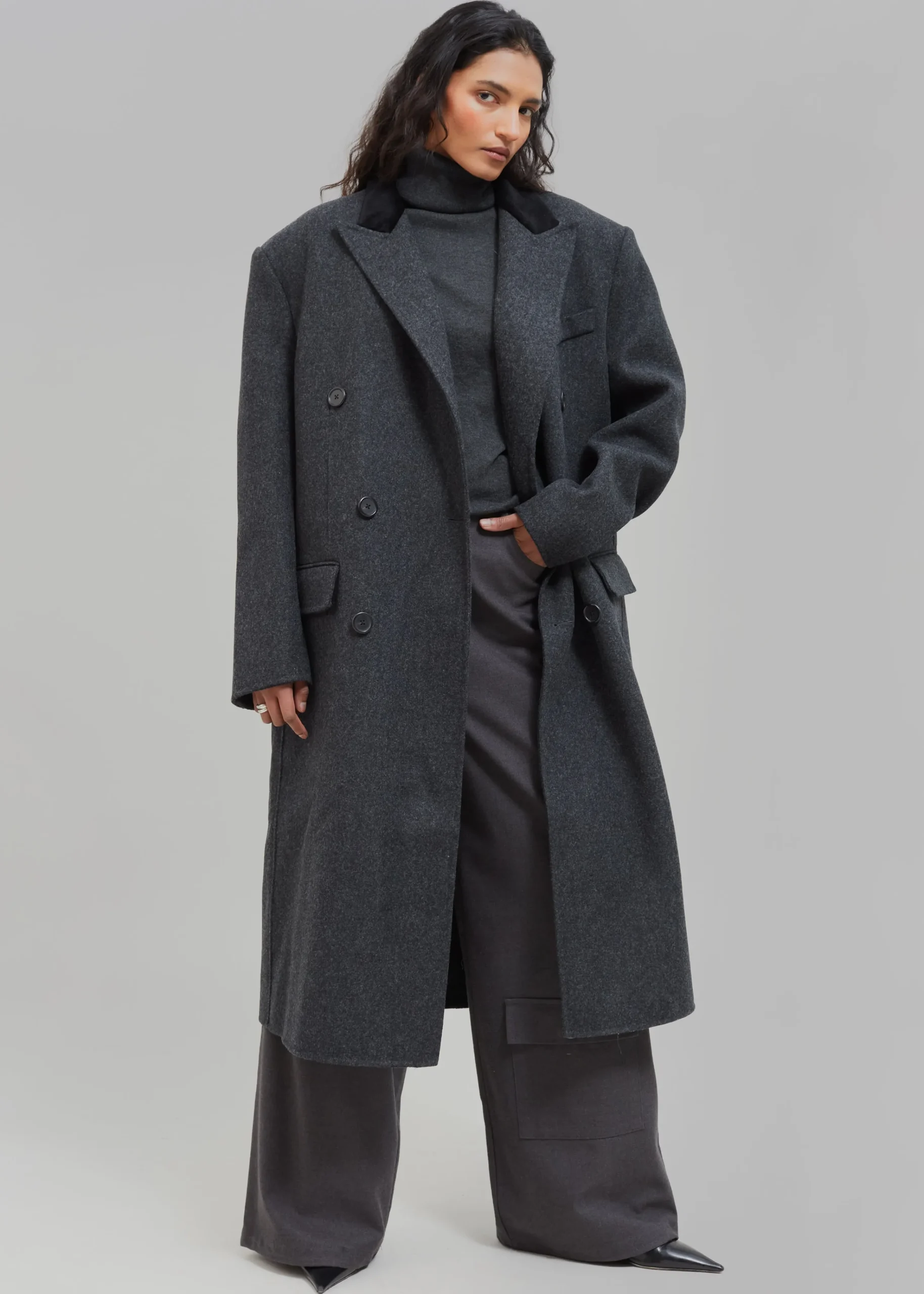The Frankie Shop Dolly Contrast Collar Coat Dark Grey Melange