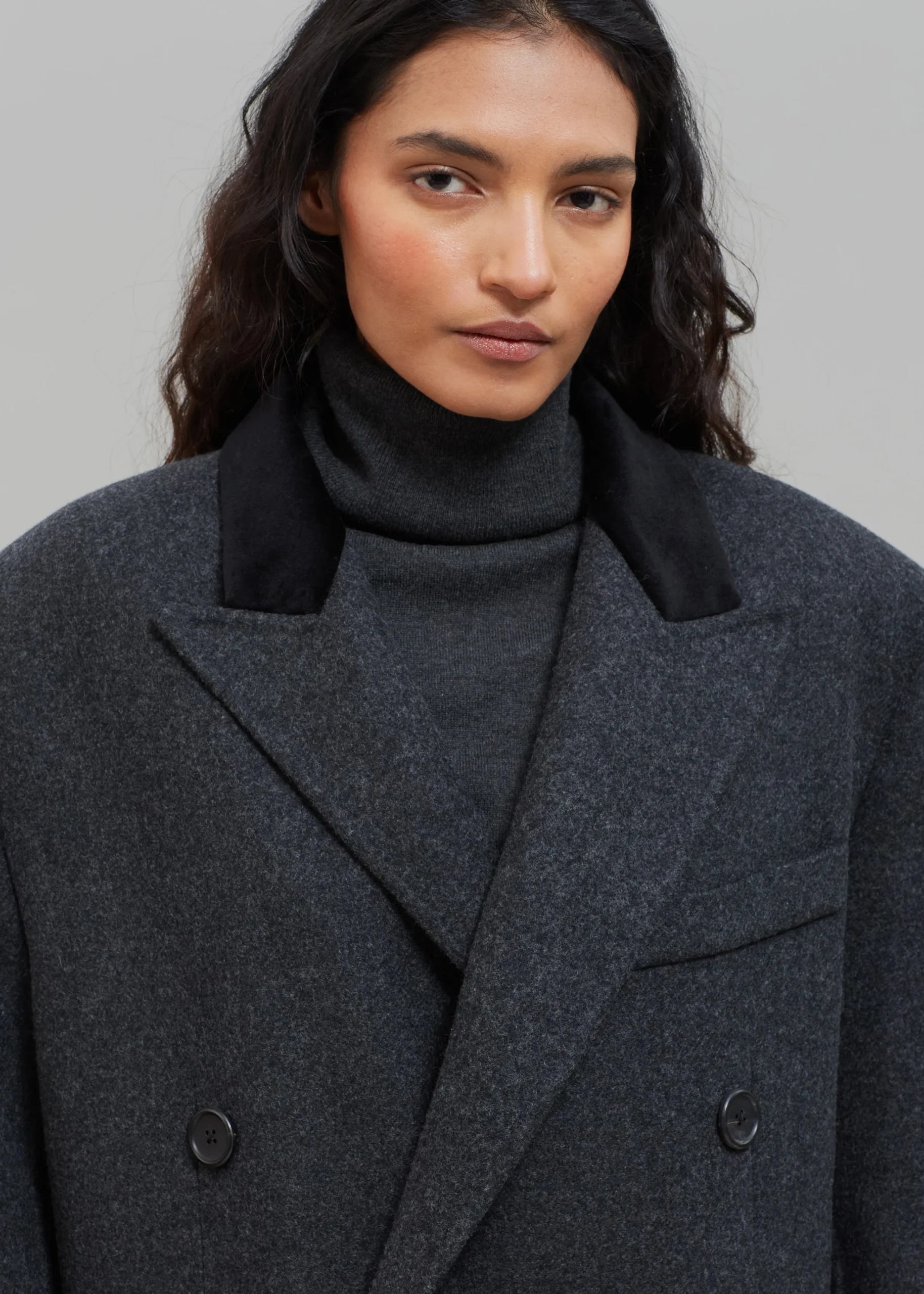 The Frankie Shop Dolly Contrast Collar Coat Dark Grey Melange