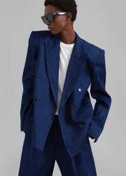 The Frankie Shop Fargo Oversized Denim Padded Blazer Navy Pinstripe Outlet