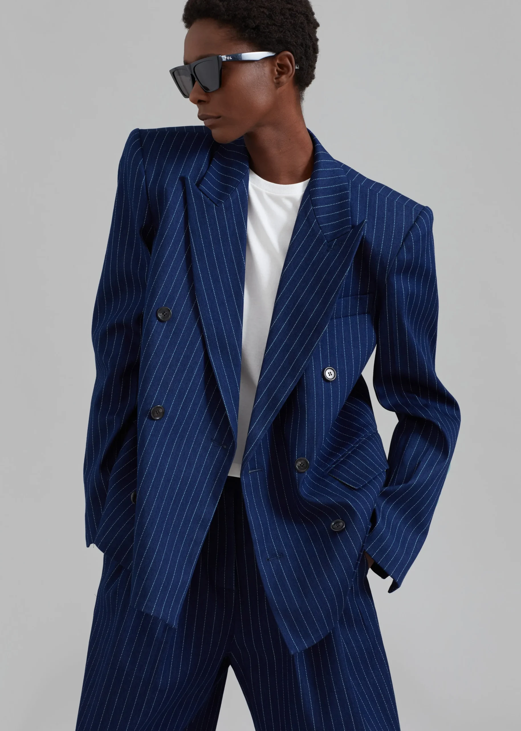 The Frankie Shop Fargo Oversized Denim Padded Blazer Navy Pinstripe Outlet