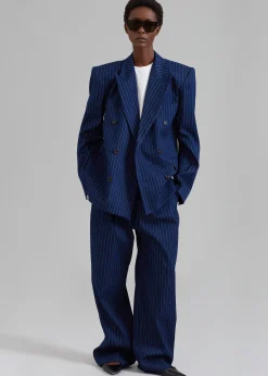 The Frankie Shop Fargo Oversized Denim Padded Blazer Navy Pinstripe Outlet