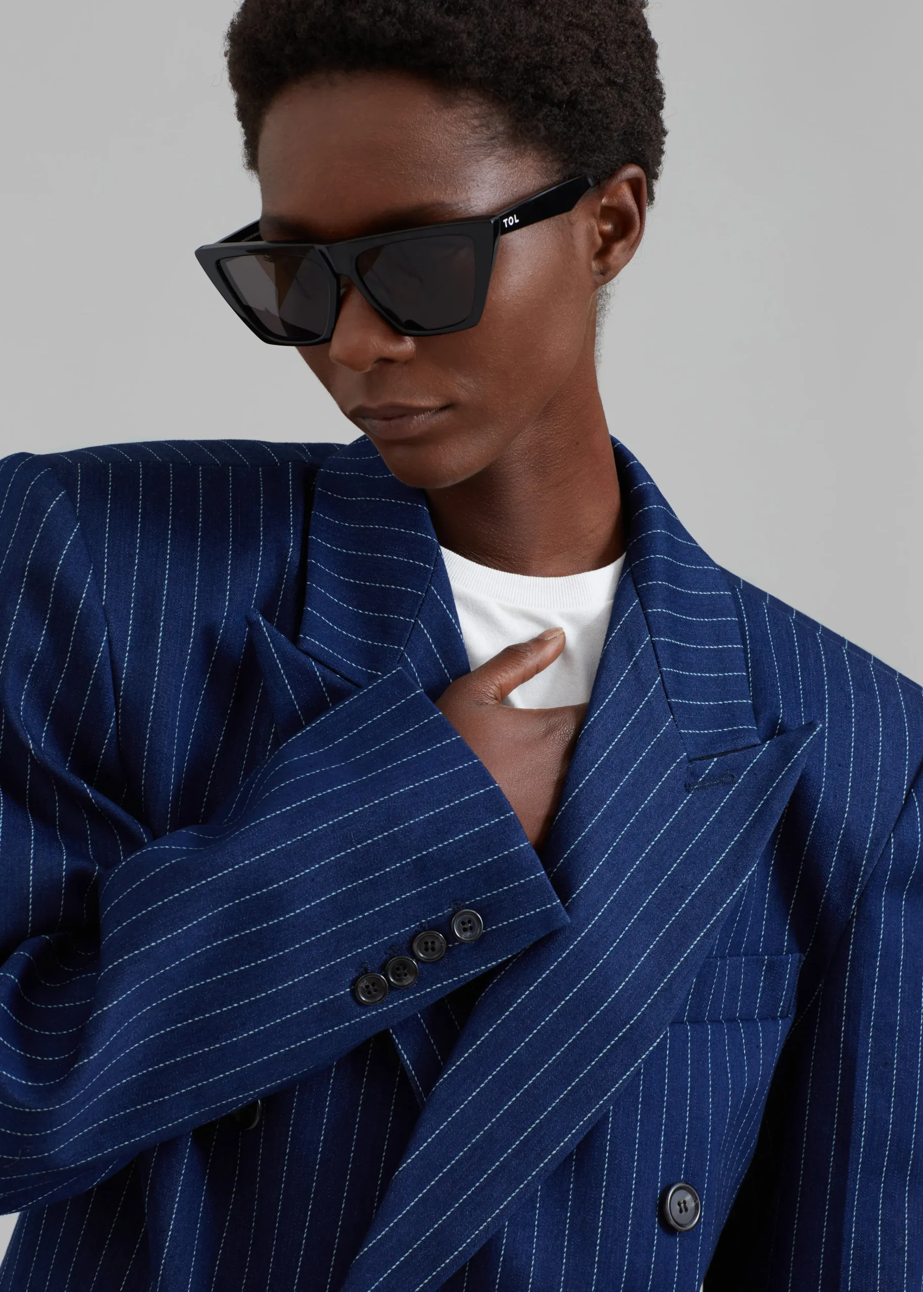 The Frankie Shop Fargo Oversized Denim Padded Blazer Navy Pinstripe Outlet