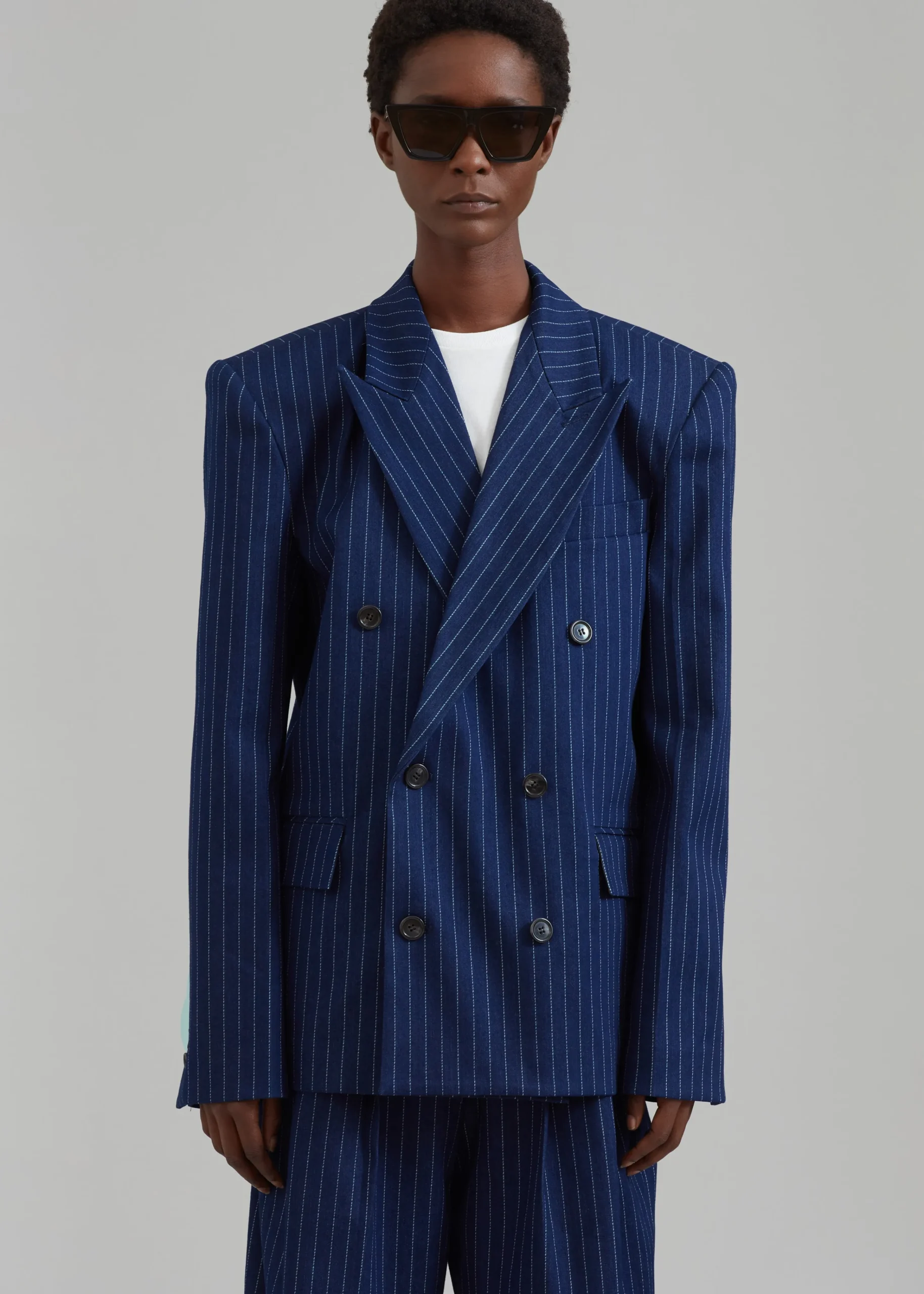 The Frankie Shop Fargo Oversized Denim Padded Blazer Navy Pinstripe Outlet