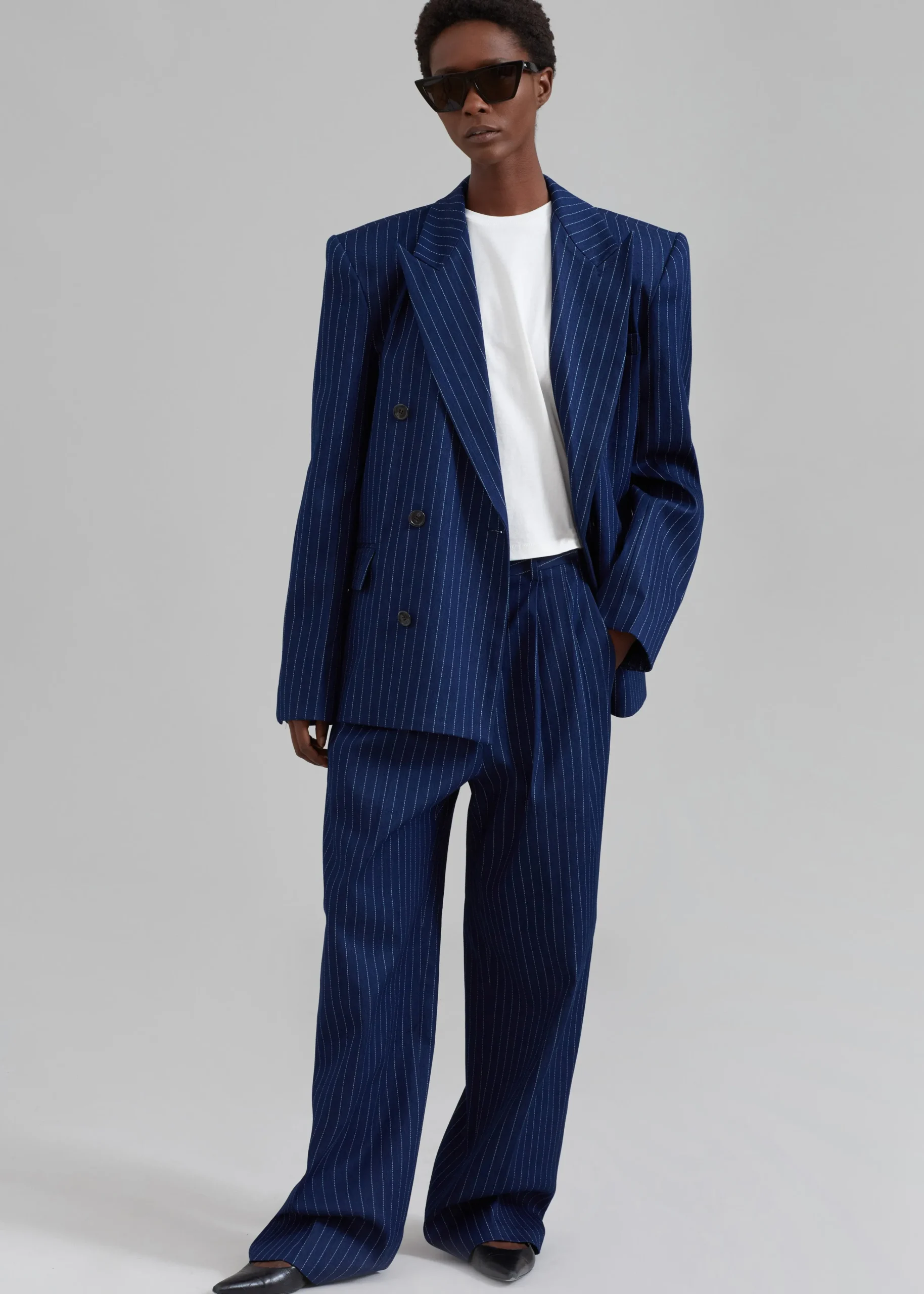 The Frankie Shop Fargo Oversized Denim Padded Blazer Navy Pinstripe Outlet