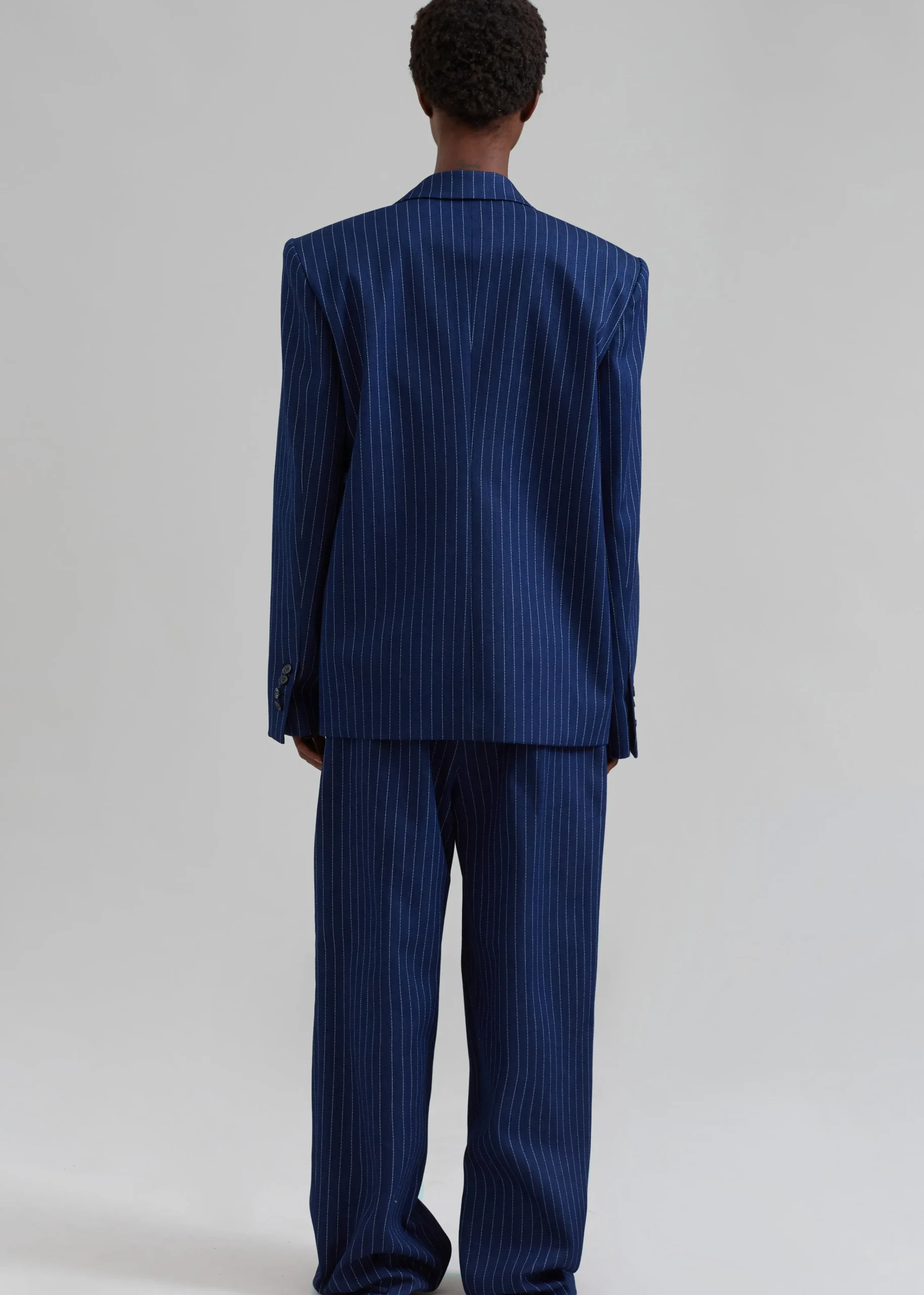The Frankie Shop Fargo Oversized Denim Padded Blazer Navy Pinstripe Outlet