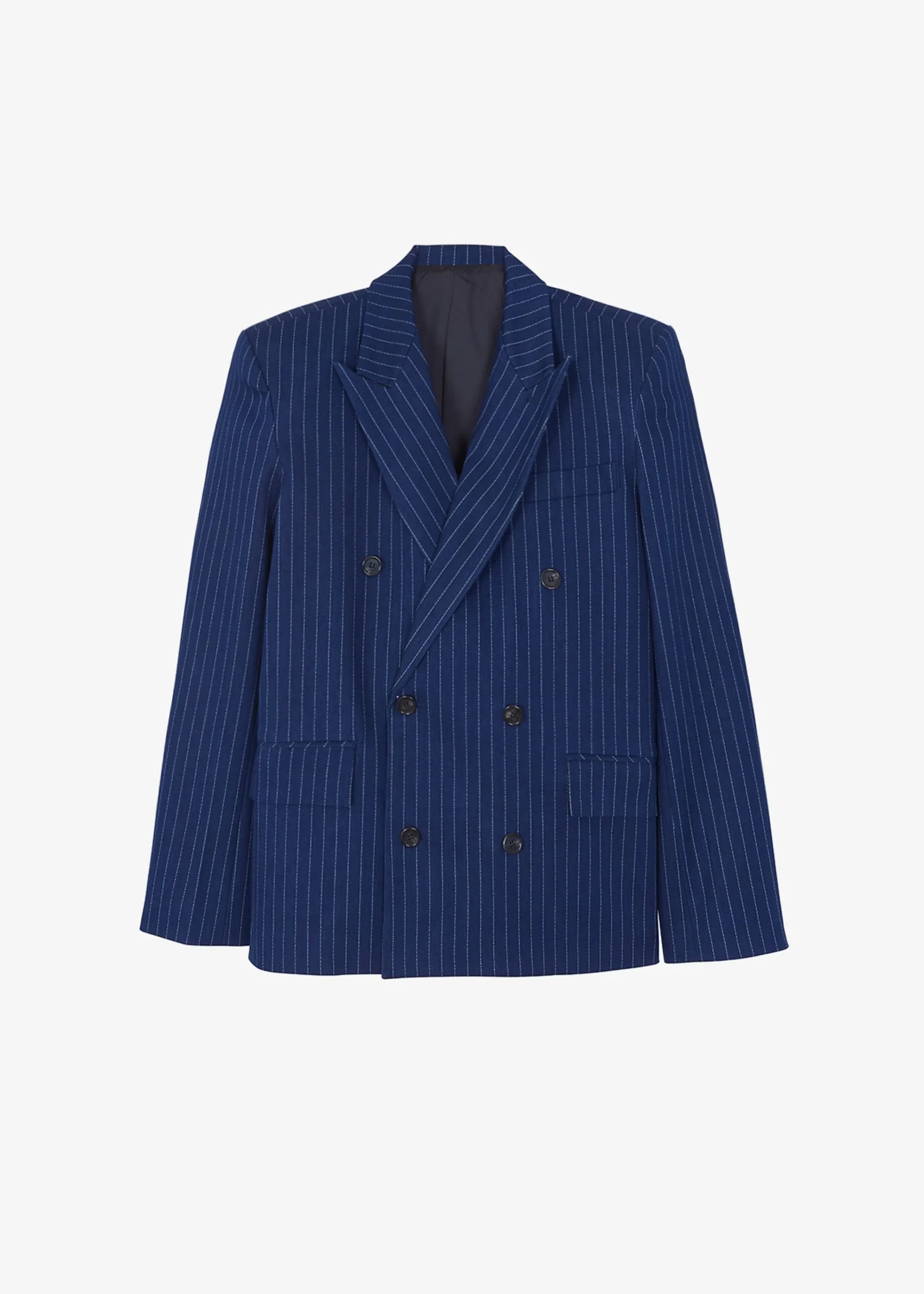 The Frankie Shop Fargo Oversized Denim Padded Blazer Navy Pinstripe Outlet