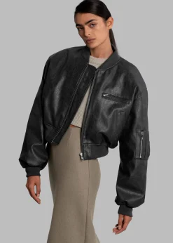 The Frankie Shop Gae Faux Leather Cropped Bomber Charcoal Hot