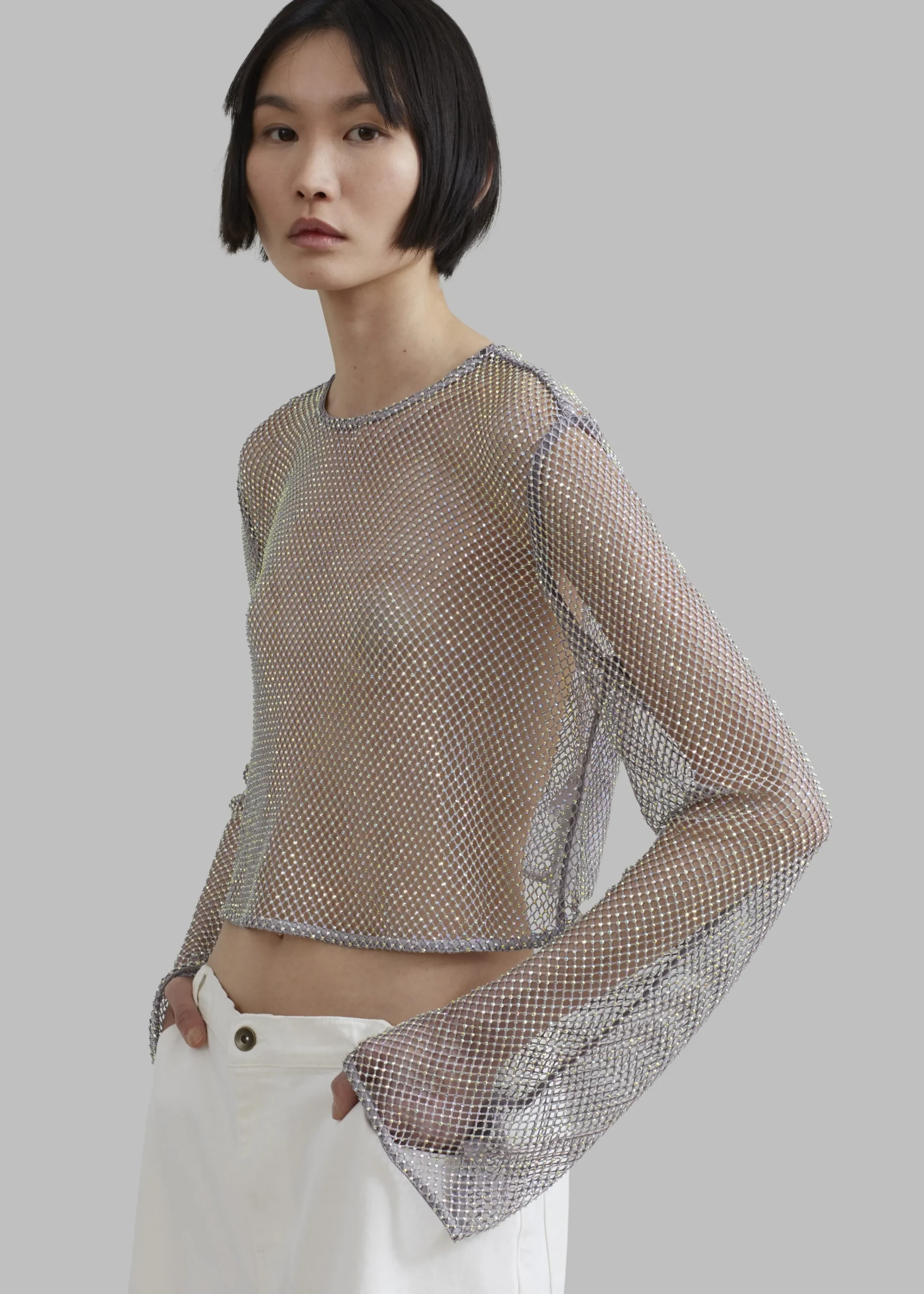 The Frankie Shop Ganni Embellished Mesh Blouse Silver New