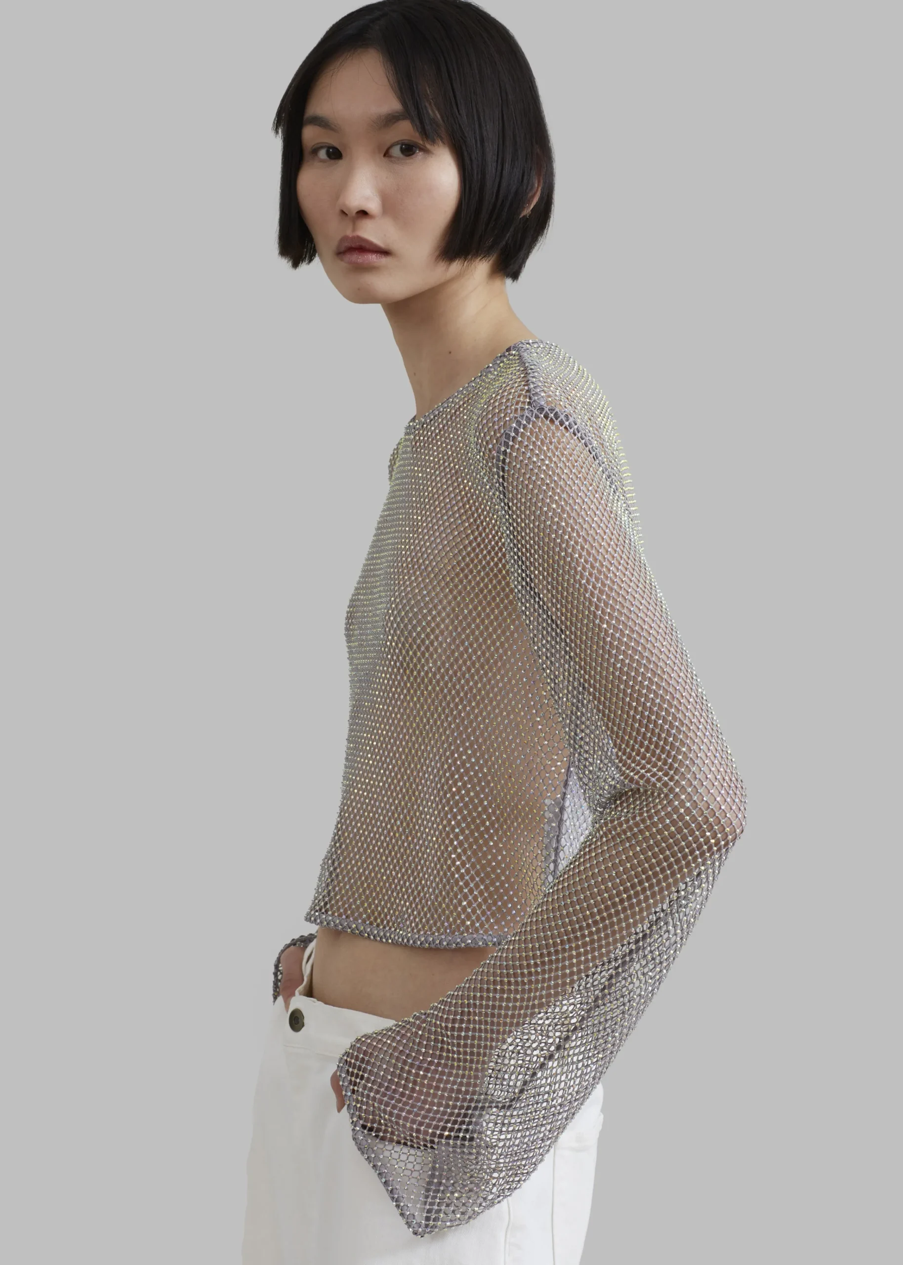 The Frankie Shop Ganni Embellished Mesh Blouse Silver New