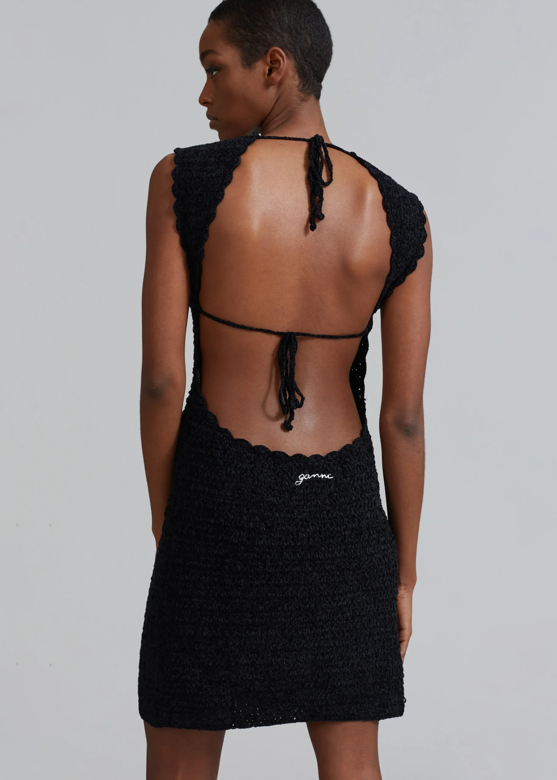 The Frankie Shop Ganni Velvet Crochet Open Back Mini Dress Black New