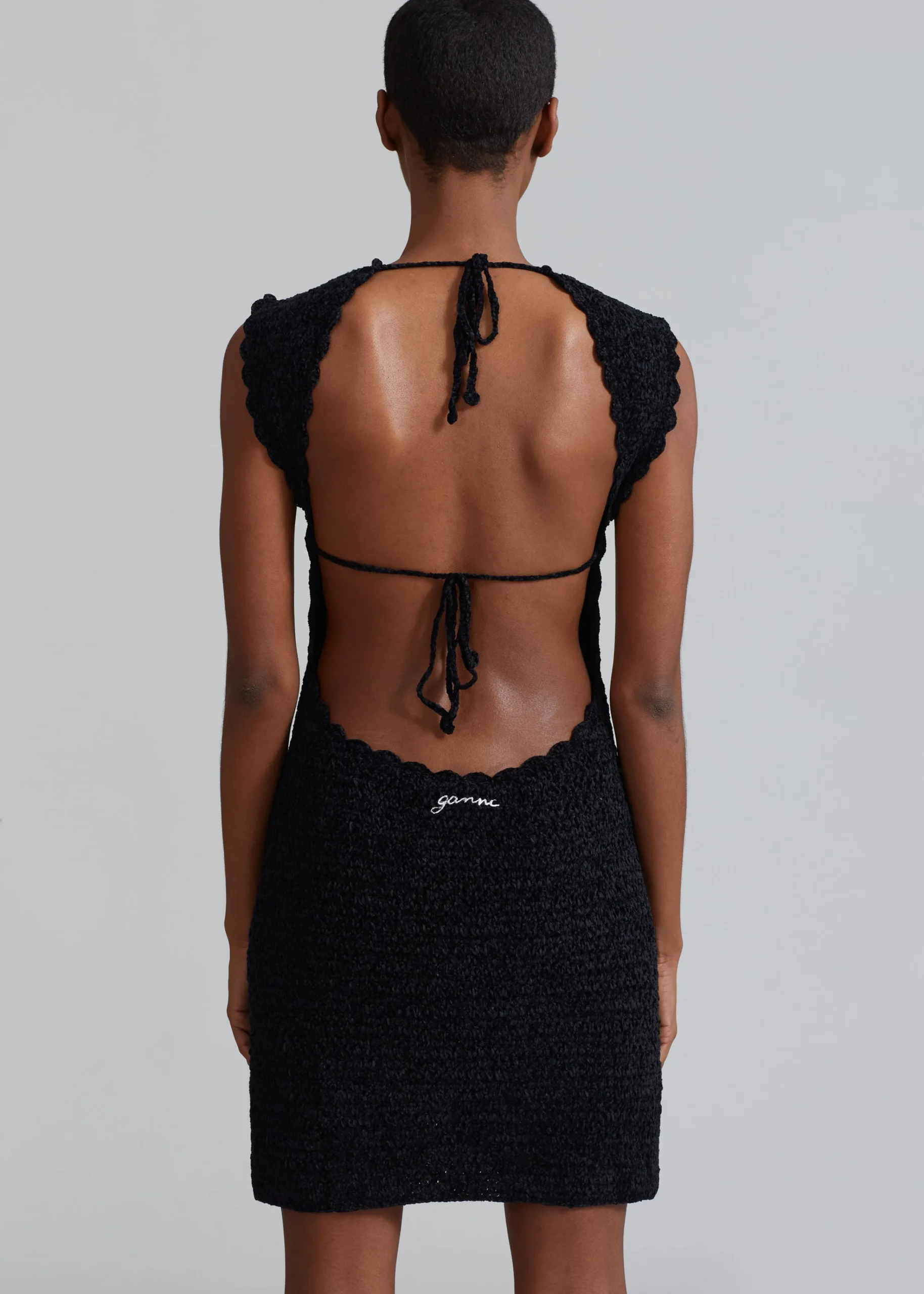 The Frankie Shop Ganni Velvet Crochet Open Back Mini Dress Black New