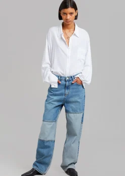 The Frankie Shop Gesina Patchwork Denim Pants Blue Mix New