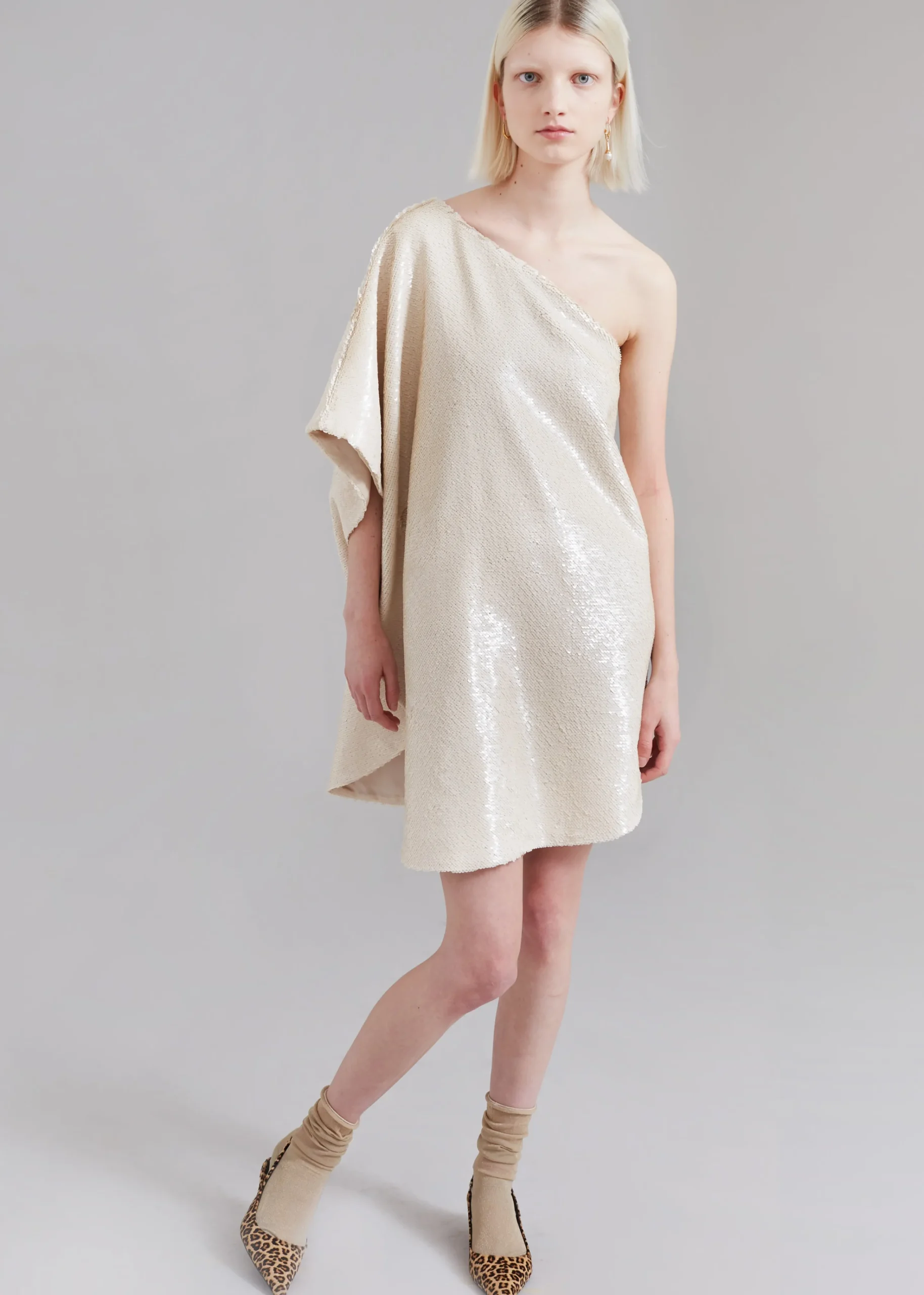 The Frankie Shop Gloria Sequins One Shoulder Dress Cream New