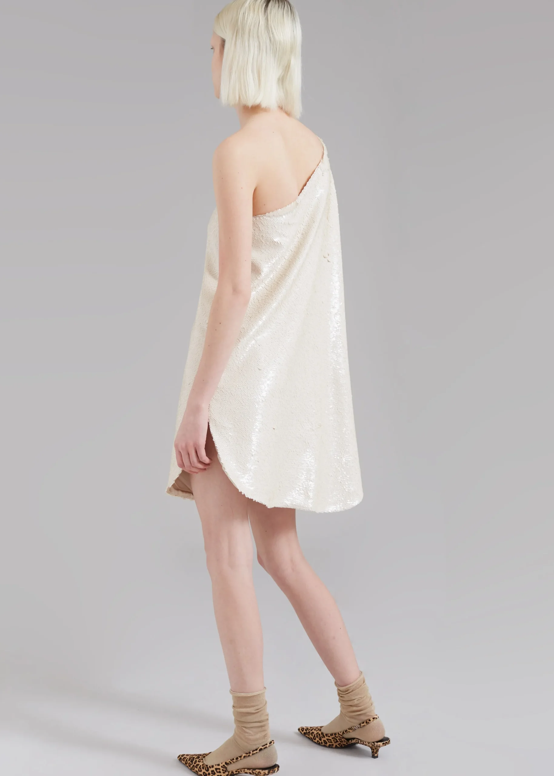 The Frankie Shop Gloria Sequins One Shoulder Dress Cream New