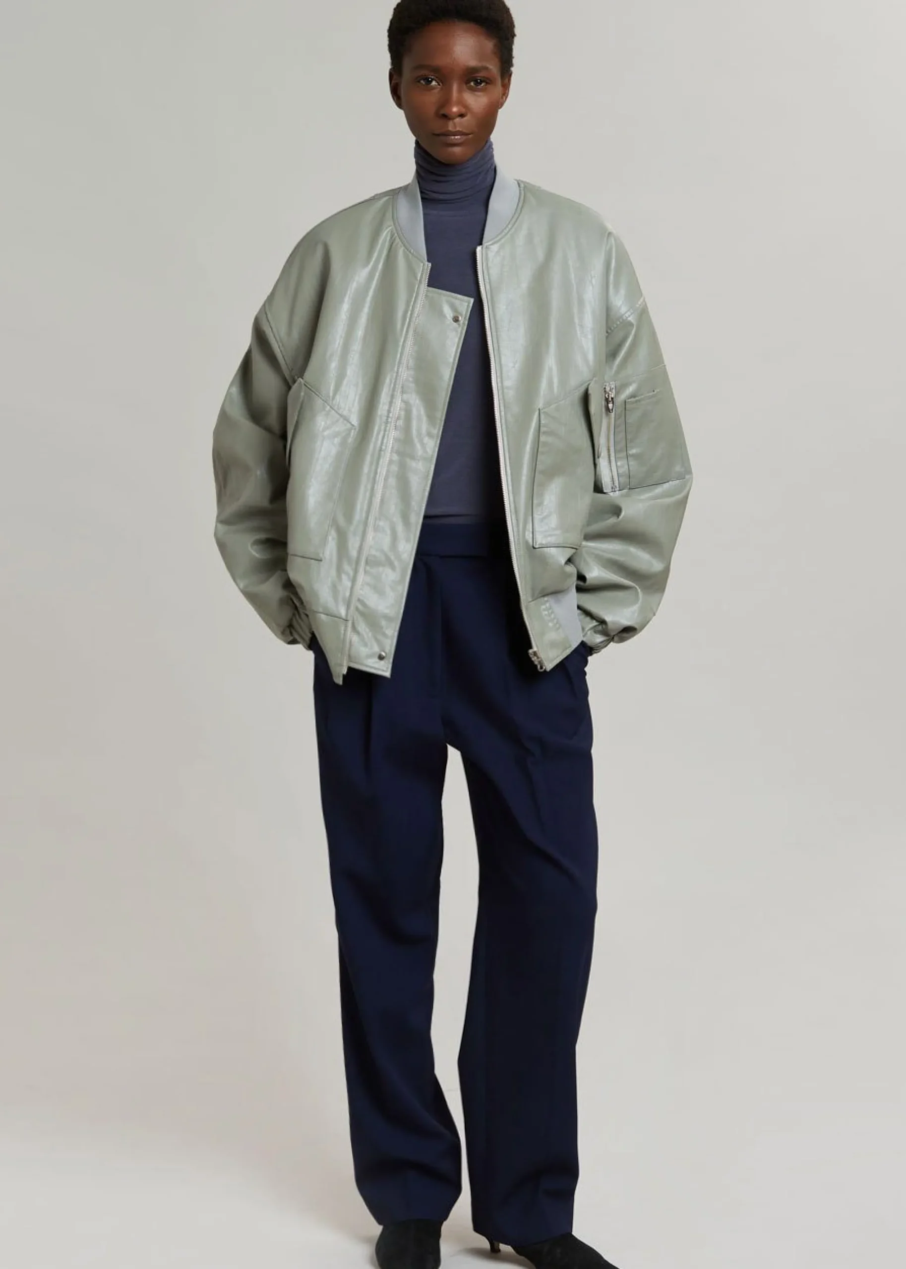 The Frankie Shop Hane Faux Leather Bomber Eucalyptus