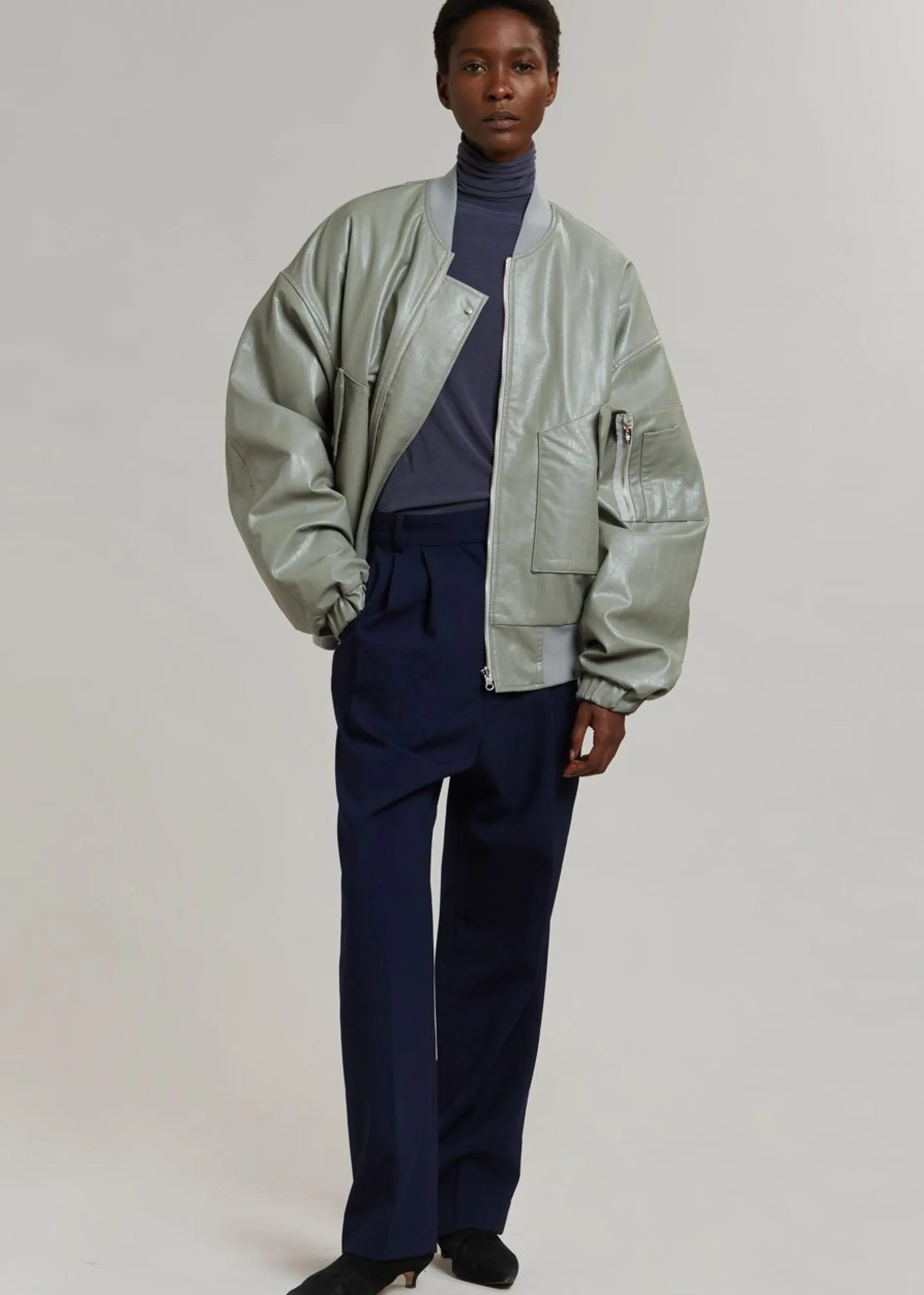 The Frankie Shop Hane Faux Leather Bomber Eucalyptus