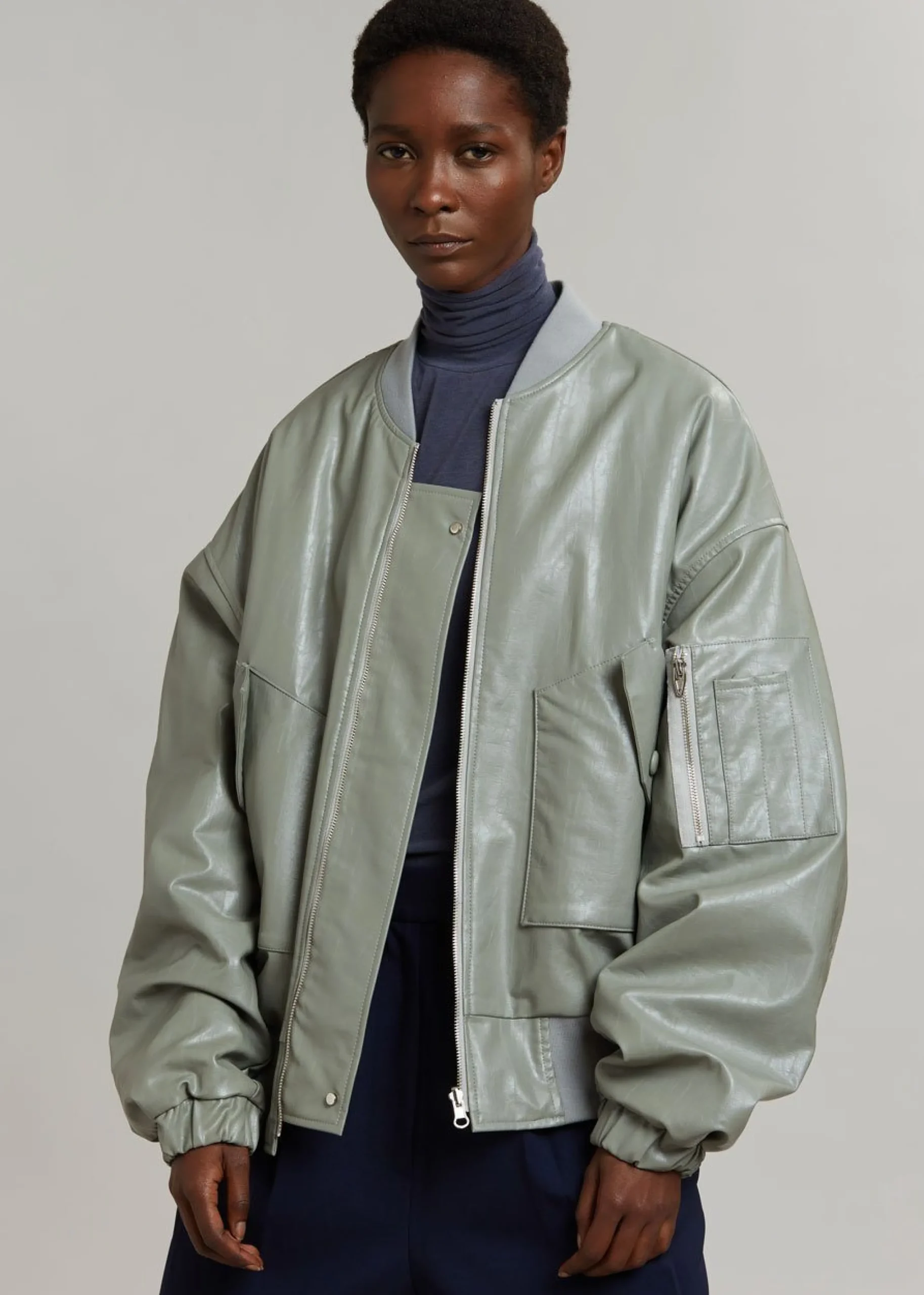 The Frankie Shop Hane Faux Leather Bomber Eucalyptus