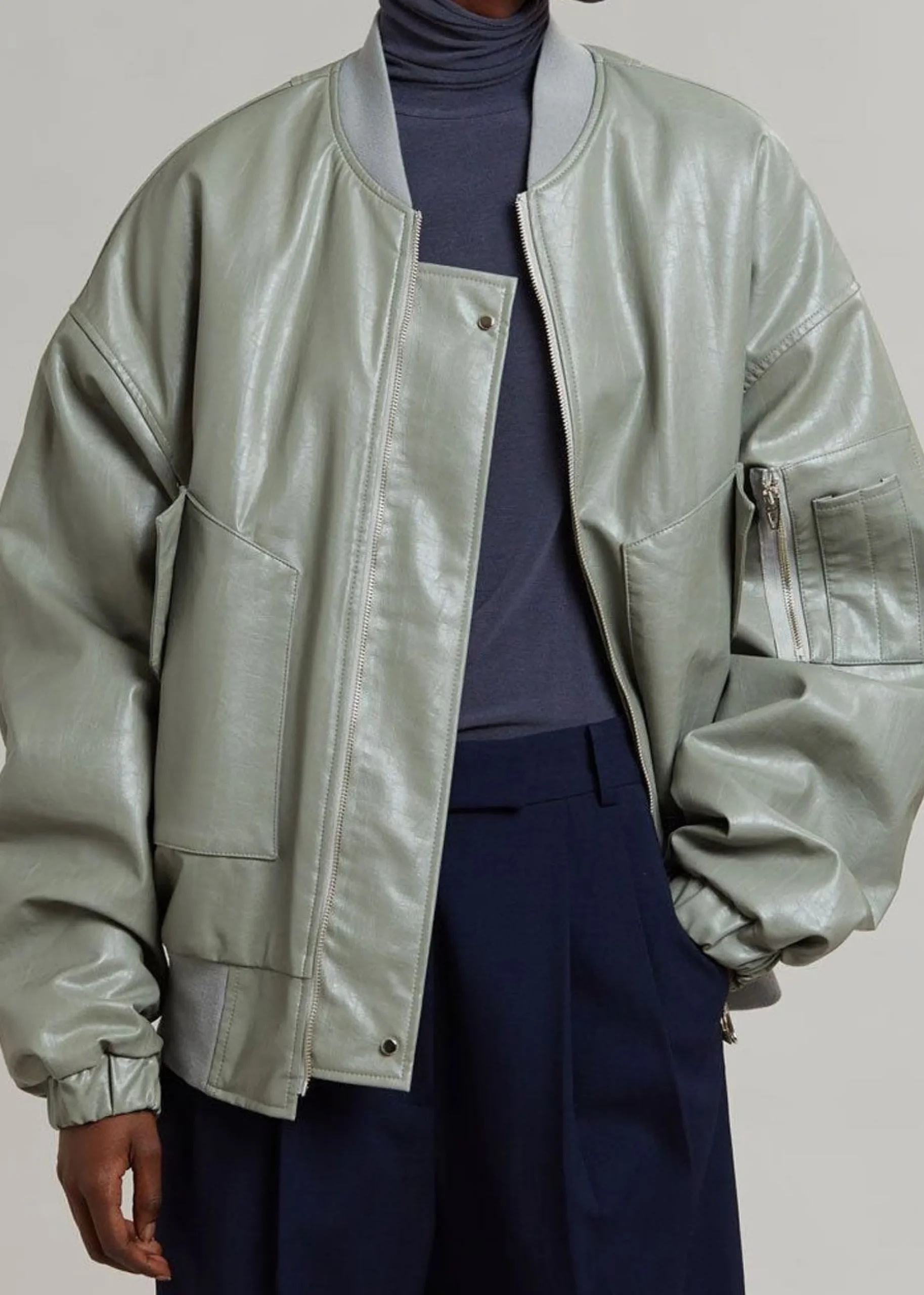 The Frankie Shop Hane Faux Leather Bomber Eucalyptus