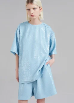 The Frankie Shop Jones Boxy Sequins Tee Sky Clearance