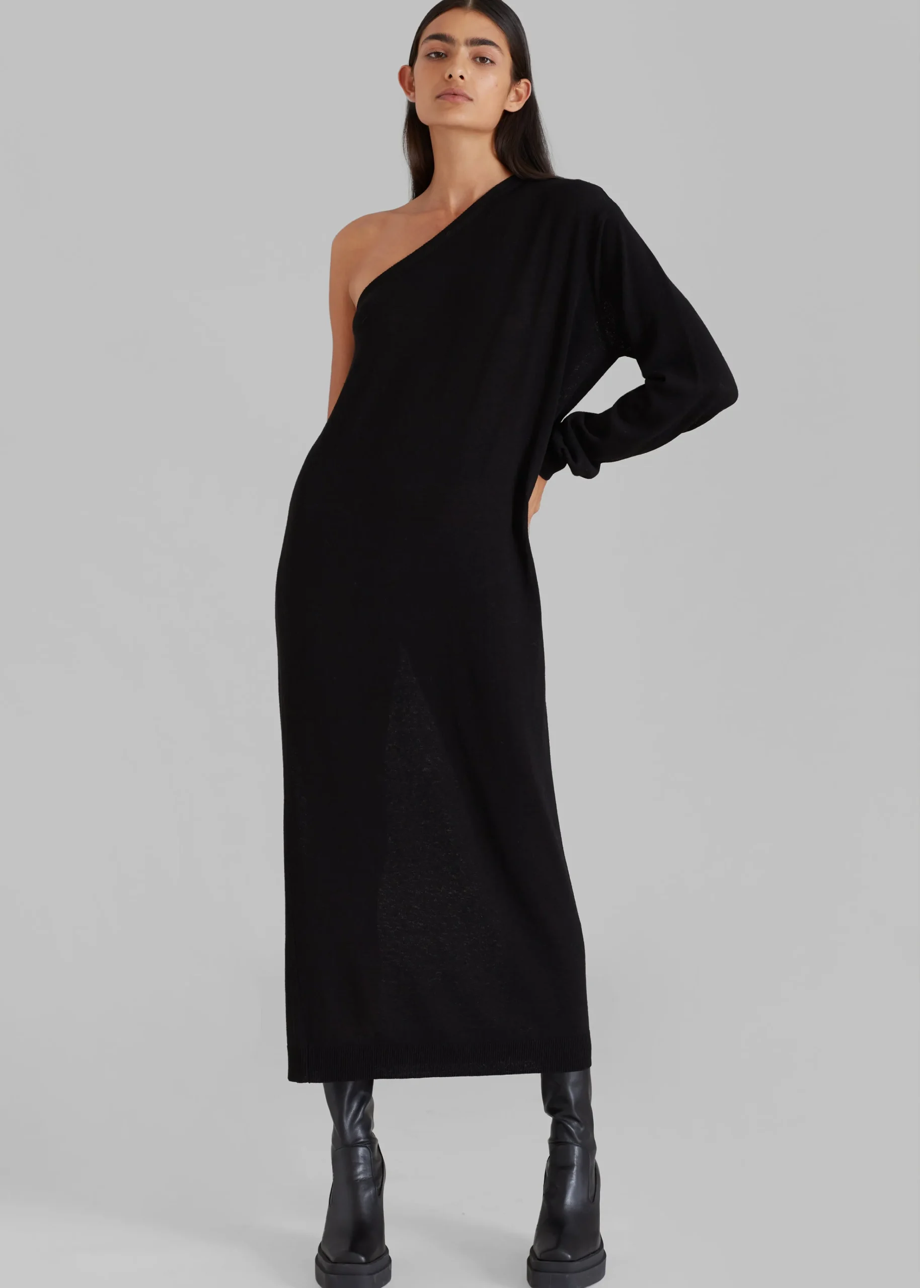 The Frankie Shop Lina One Shoulder Loose Knit Dress Black Online