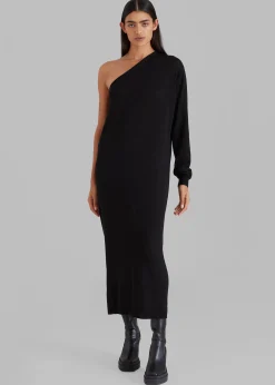 The Frankie Shop Lina One Shoulder Loose Knit Dress Black Online
