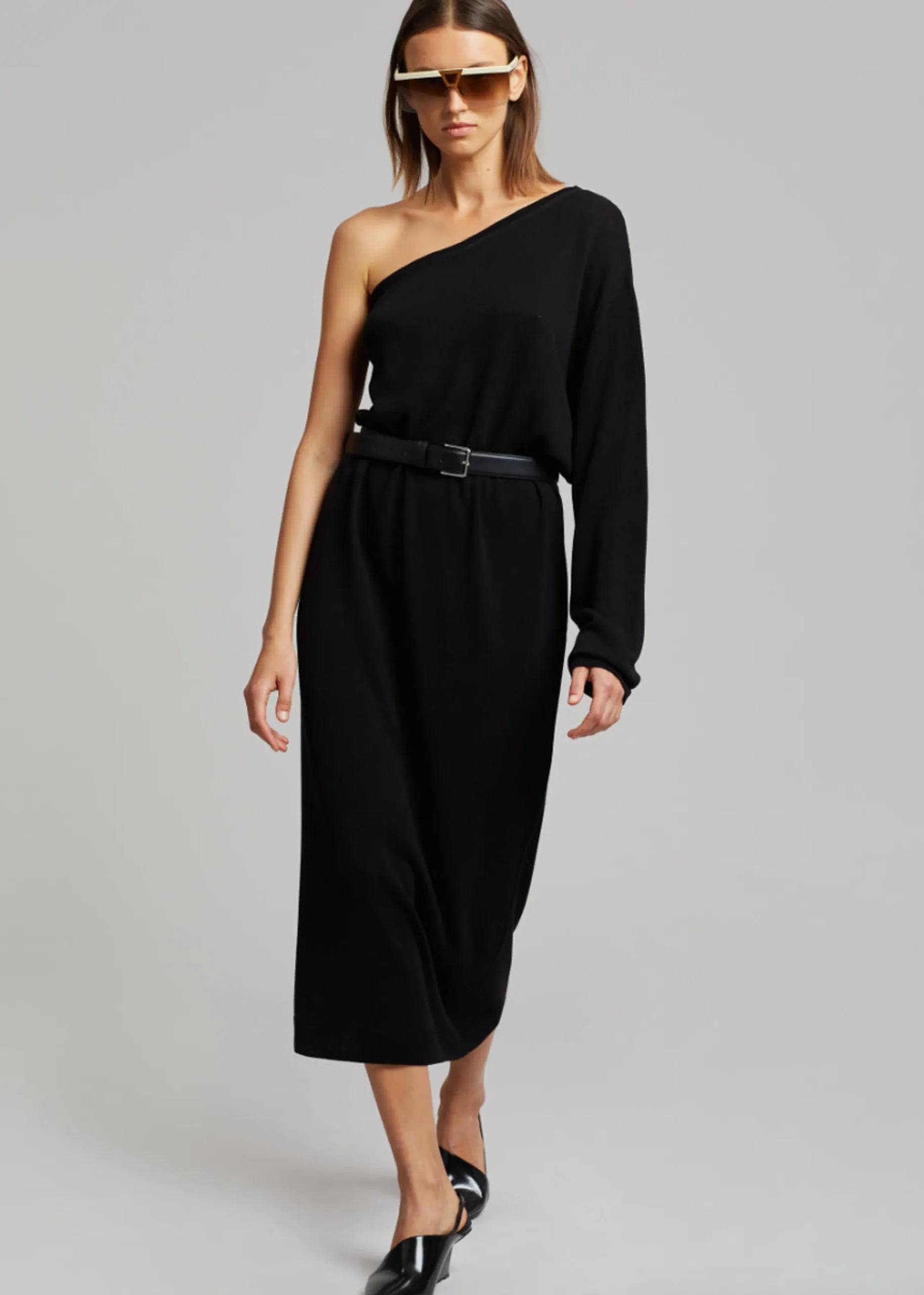 The Frankie Shop Lina One Shoulder Loose Knit Dress Black Online