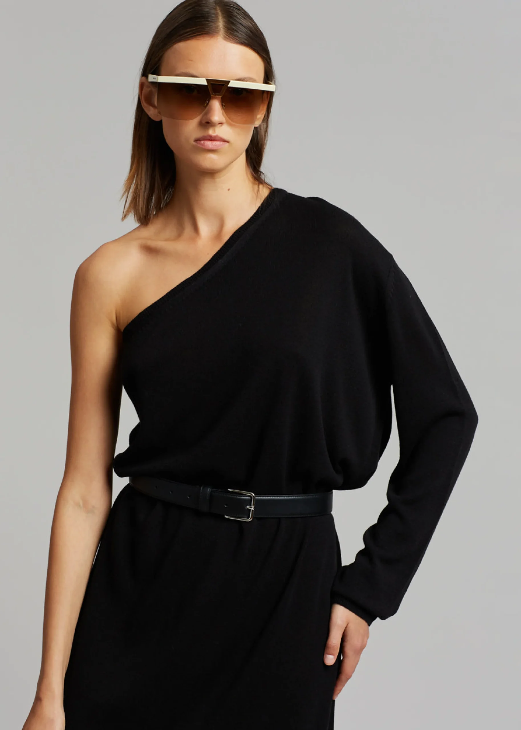 The Frankie Shop Lina One Shoulder Loose Knit Dress Black Online