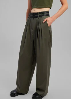 The Frankie Shop Nellie Belted Pleated Pants Olive Outlet