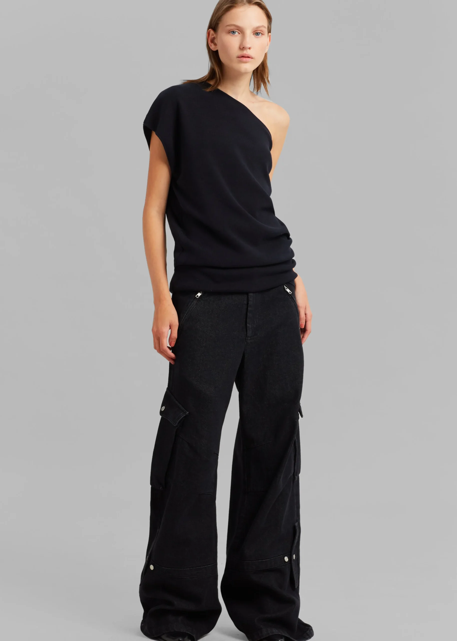 The Frankie Shop Nivi One Shoulder Knit Top Black Hot
