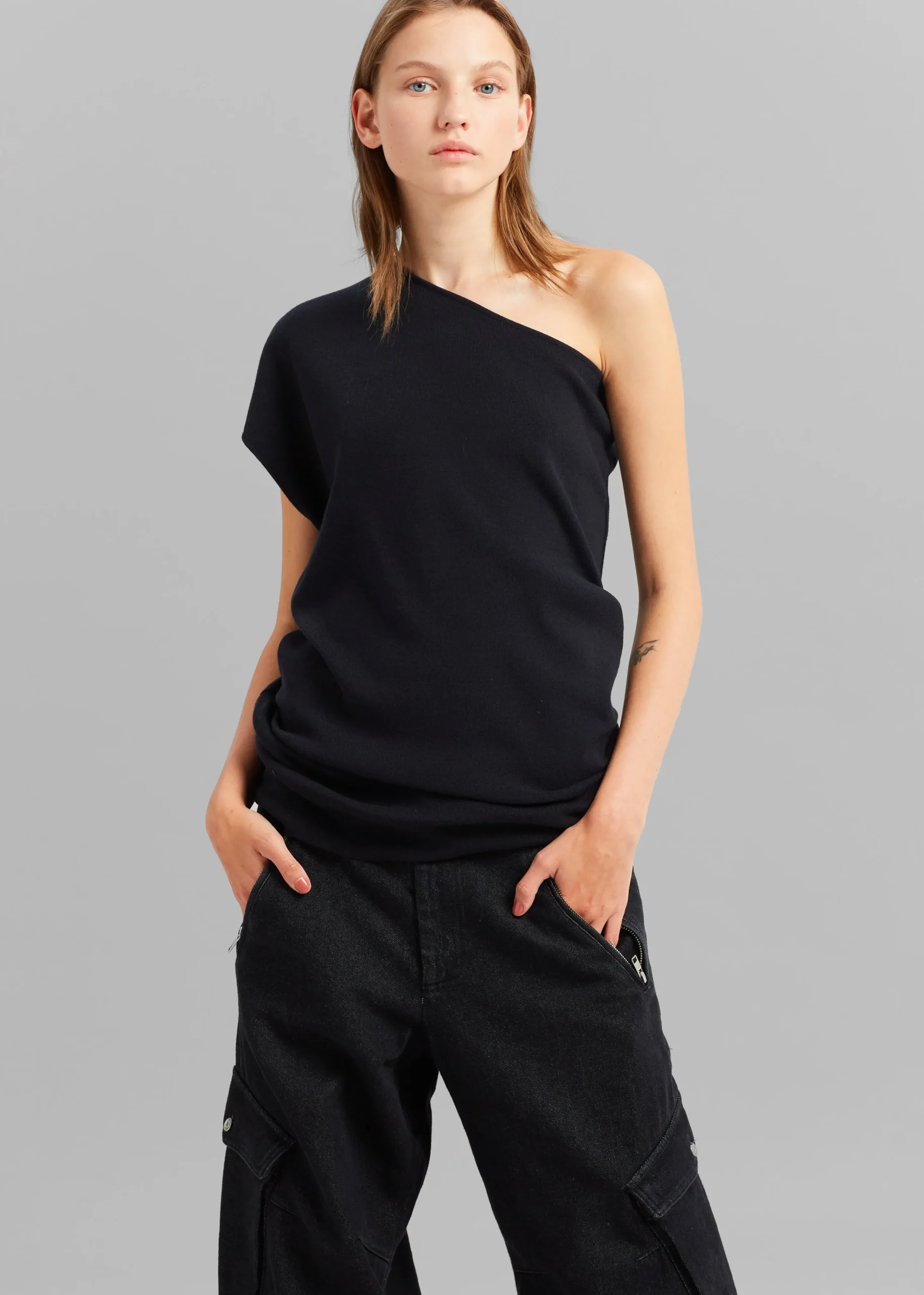 The Frankie Shop Nivi One Shoulder Knit Top Black Hot