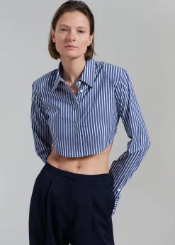 The Frankie Shop Phoenix Cropped Shirt Navy Stripe Sale