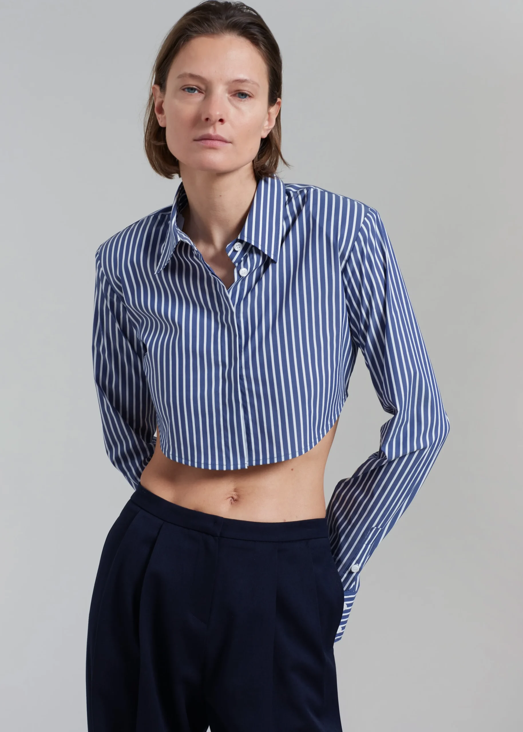 The Frankie Shop Phoenix Cropped Shirt Navy Stripe Sale
