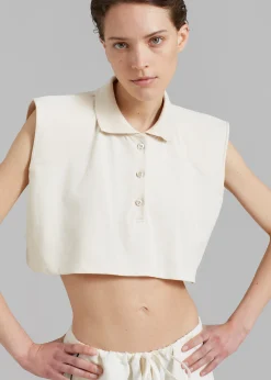 The Frankie Shop Serena Polo Padded Shoulders Boxy Top Beige Hot